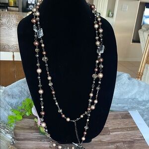 Brown and Cream Beaded Opera Necklace with Elegant Pattern